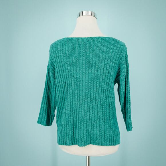 Peruvian Connection Size Small S Green Pima Cotton Ribbed 3/4 Sleeve Sweater - Picture 2 of 5
